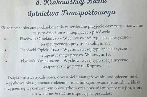 Podziękowanie za zorganizowanie spotkań dla dzieci z placówek Opiekuńczo - Wychowawczych