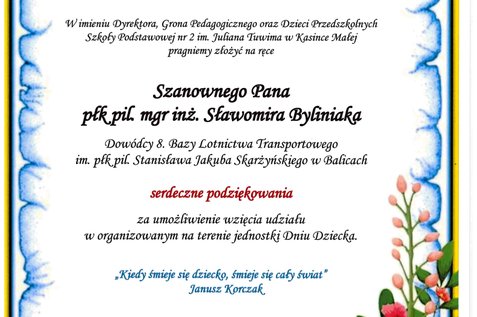 Podziękowania za zorganizowanie obchodów Dnia Dziecka