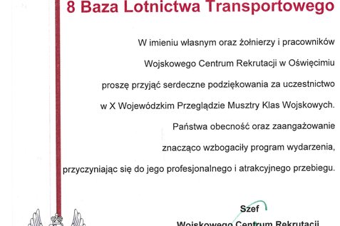 Podziękowanie za uczestnictwo w X Wojewódzkim Przeglądzie Musztry Klas Wojskowych